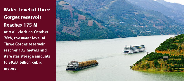 Water Level of Three Gorges reservoir Reaches 175 M